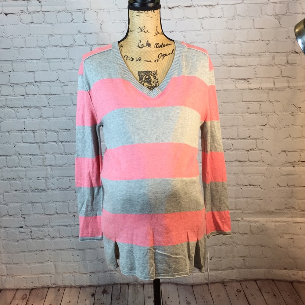 NWT oh baby Sweater Maternity Dusty Rose & Gray Stripe V-neck Small